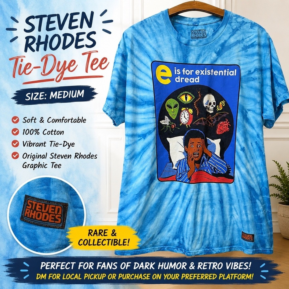 Steven Rhodes E is for Existential Dread Blue Tie Dye Graphic Tee Mens Medium